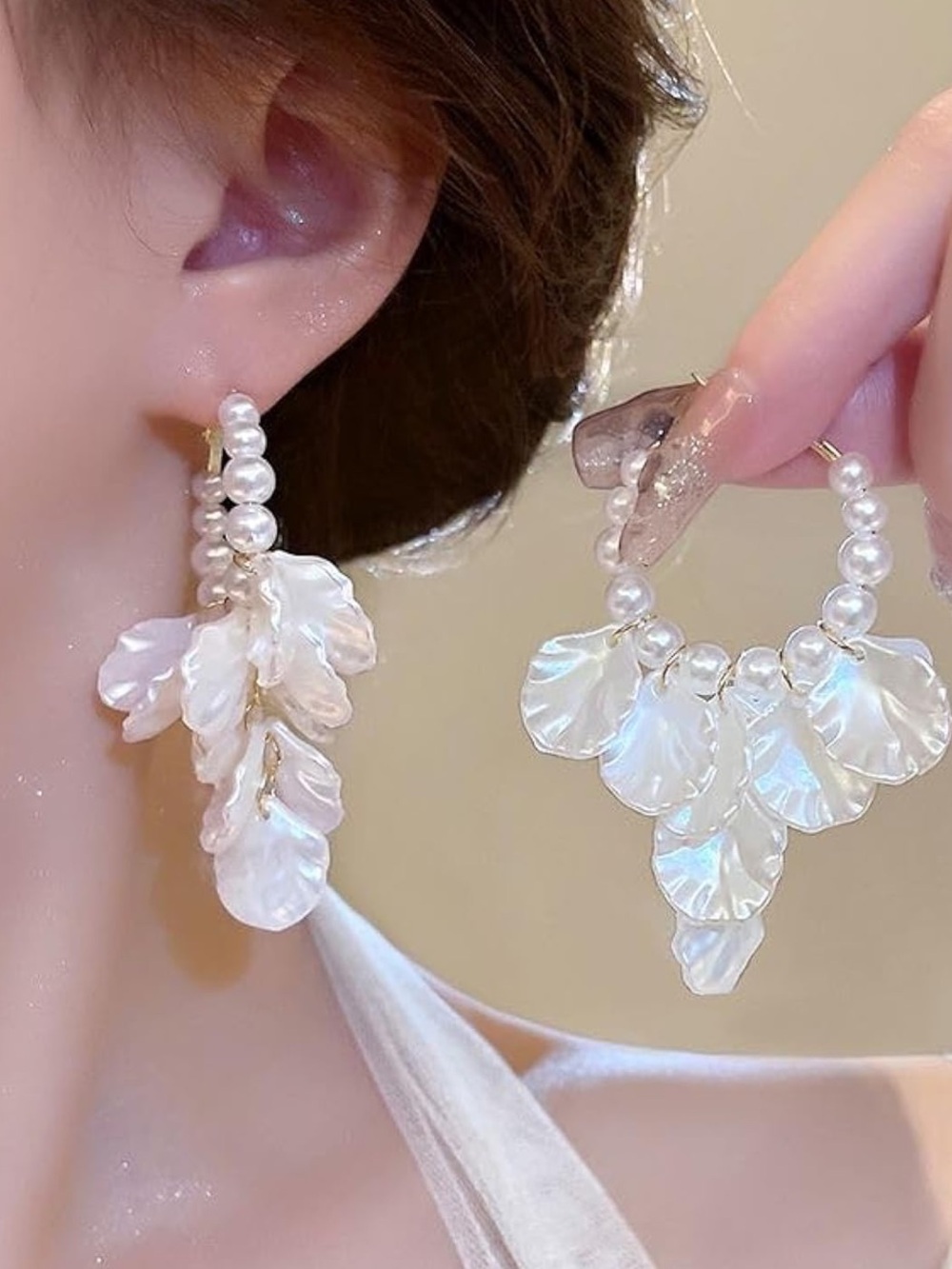 Anthropologie Iridescent Pearl Petal Hoop Earrings in White